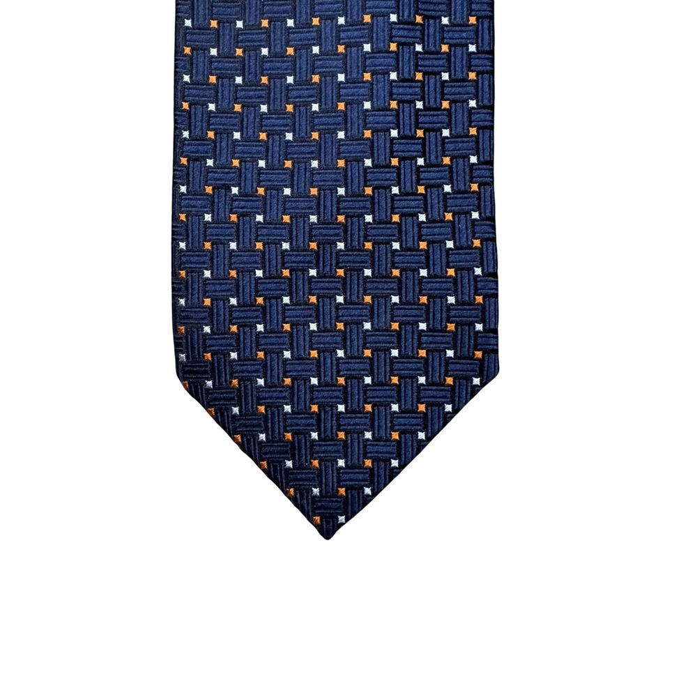 Tino Cosma Navy Blue Orange Geometric Basketweave Silk Tie Made in Italy